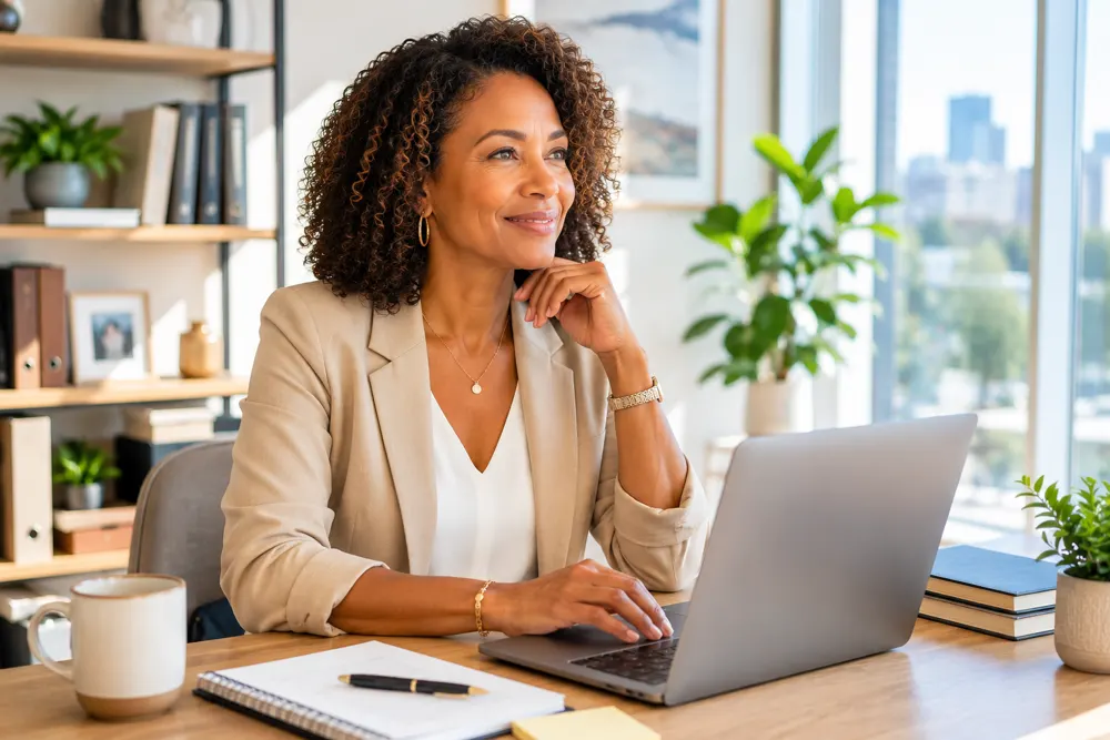 Researching market data at a laptop