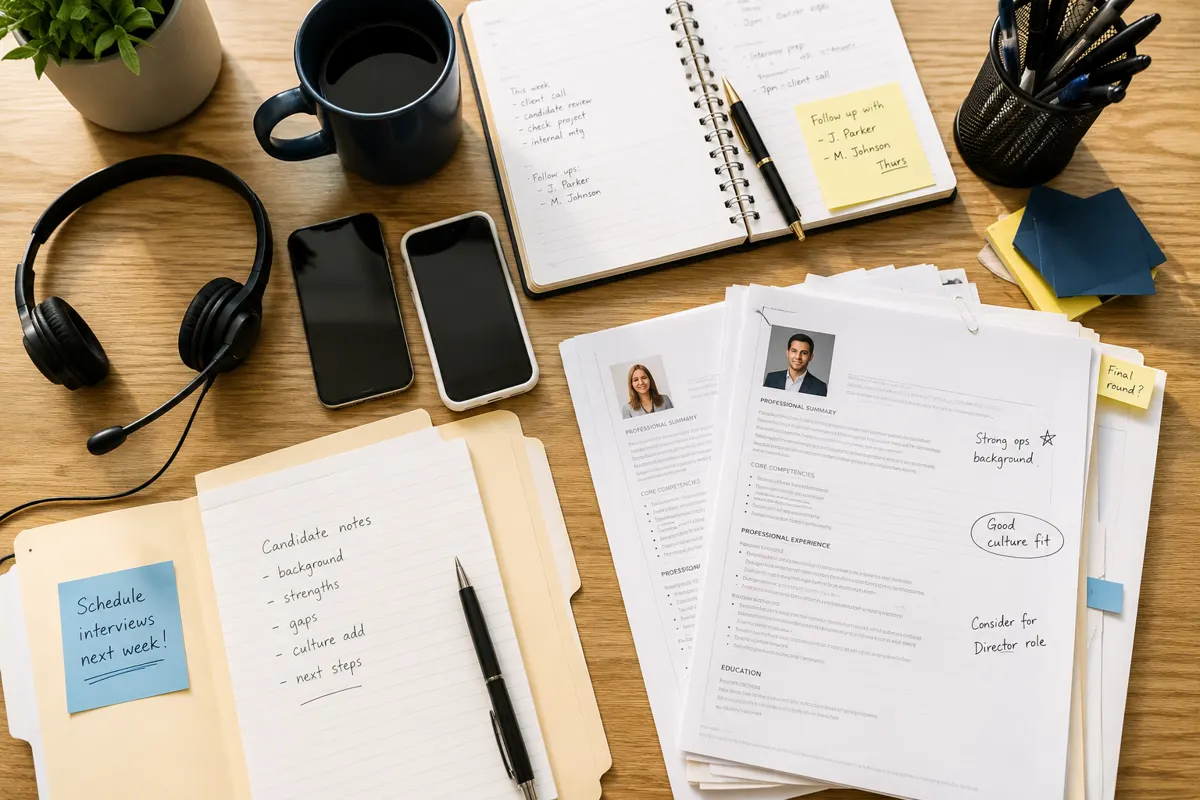 A recruiter's desk: notes in the margins, headset, and the day's calls