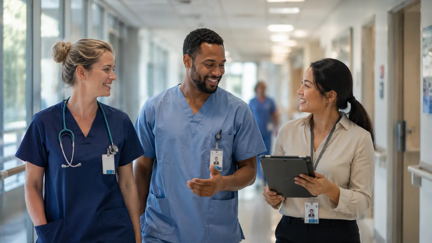 Healthcare team in corridor