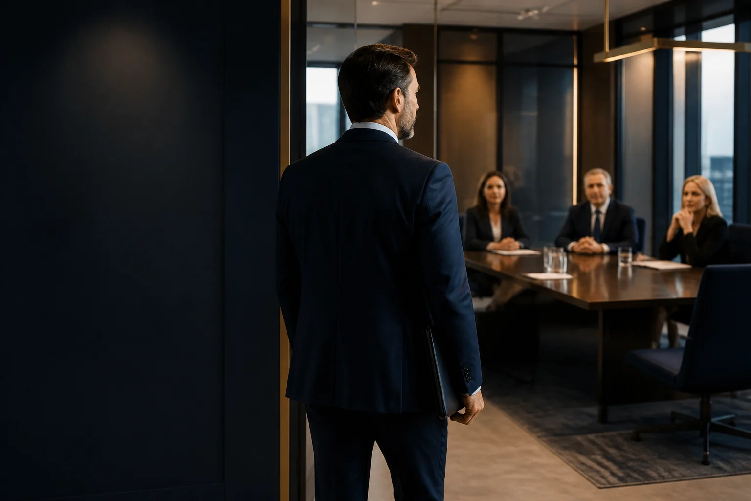 A prepared professional entering an interview room