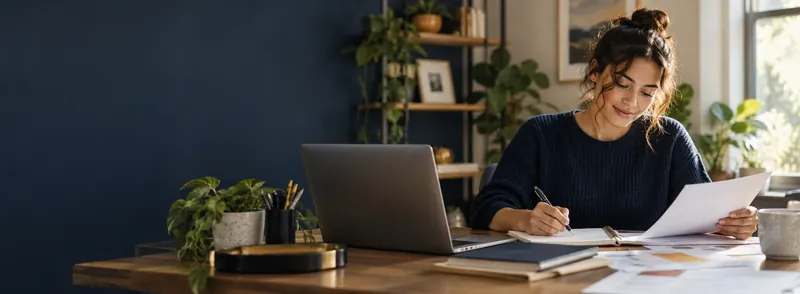Young professional organizing her job applications at a desk