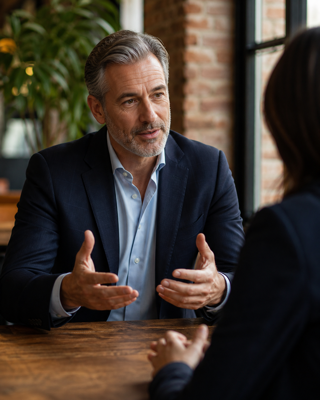 Senior career professional in a one-on-one networking strategy conversation