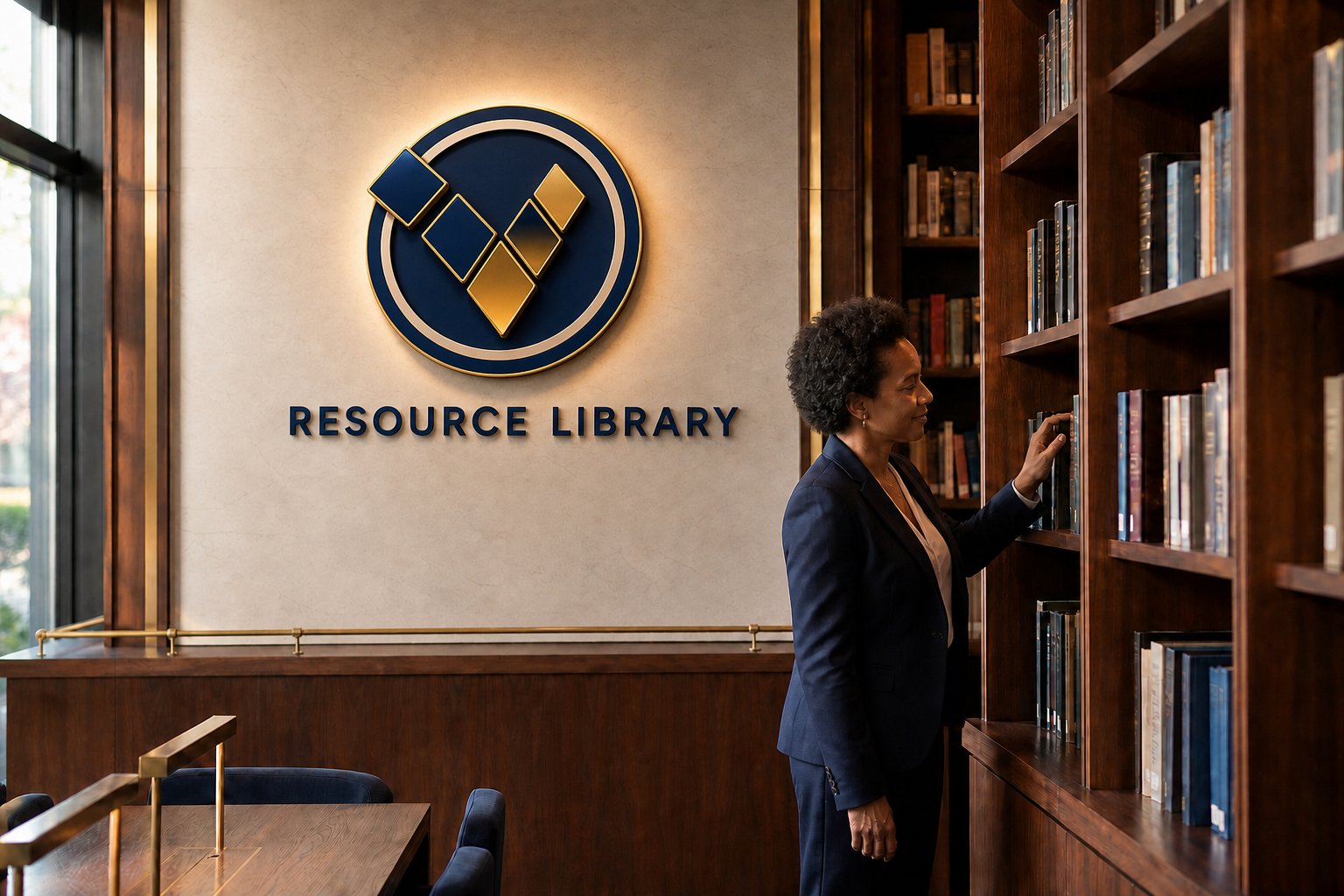 A professionally dressed Black woman browsing a modern library beneath a dimensional Resource Library wall sign