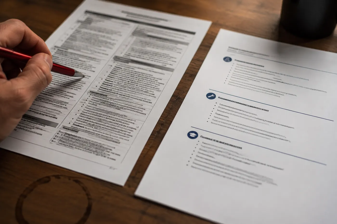 Two resumes compared, red pen in hand