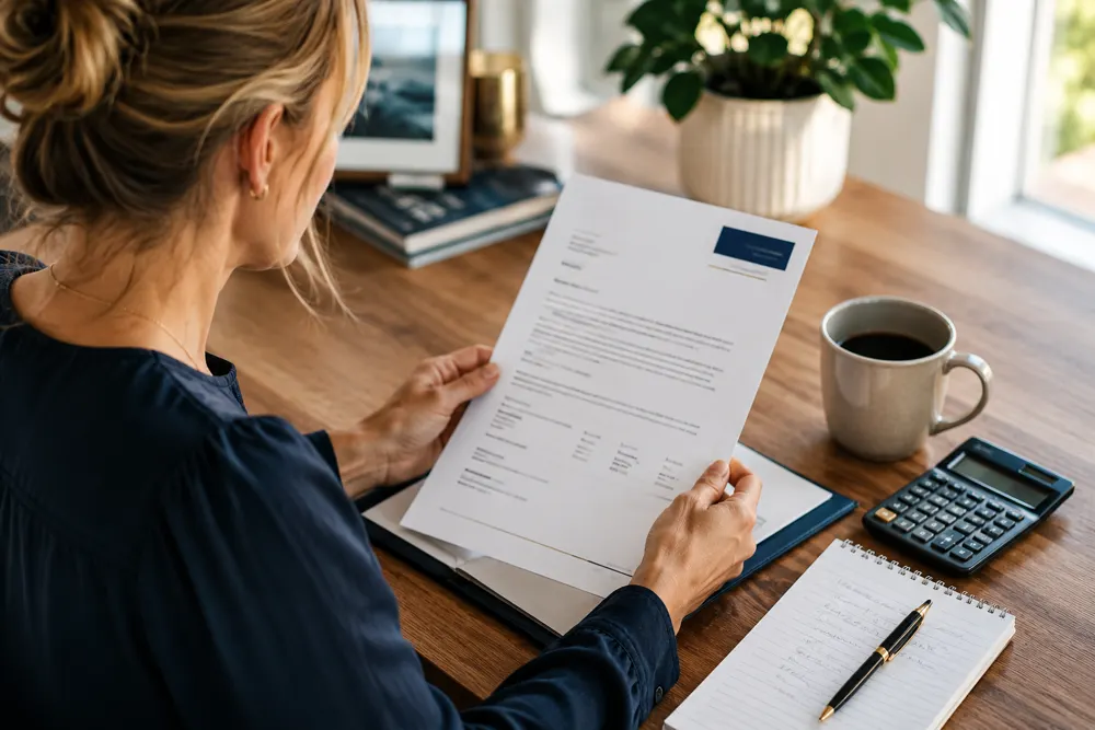 Reviewing an offer with a calculator at a kitchen table