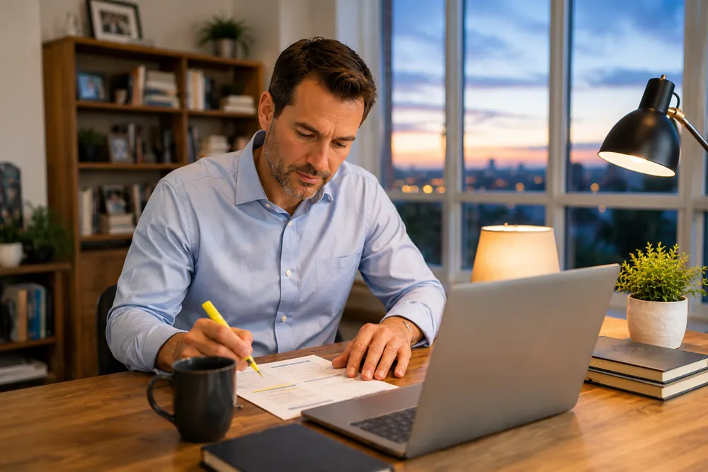 Working a focused search with notes and laptop